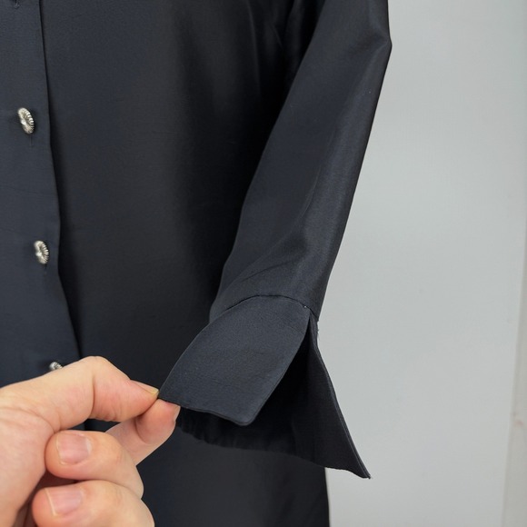 SILKLAND 100% Raw Silk Button Down Sunburst Buttons Womens Black Shirt Dress M - Picture 6 of 9